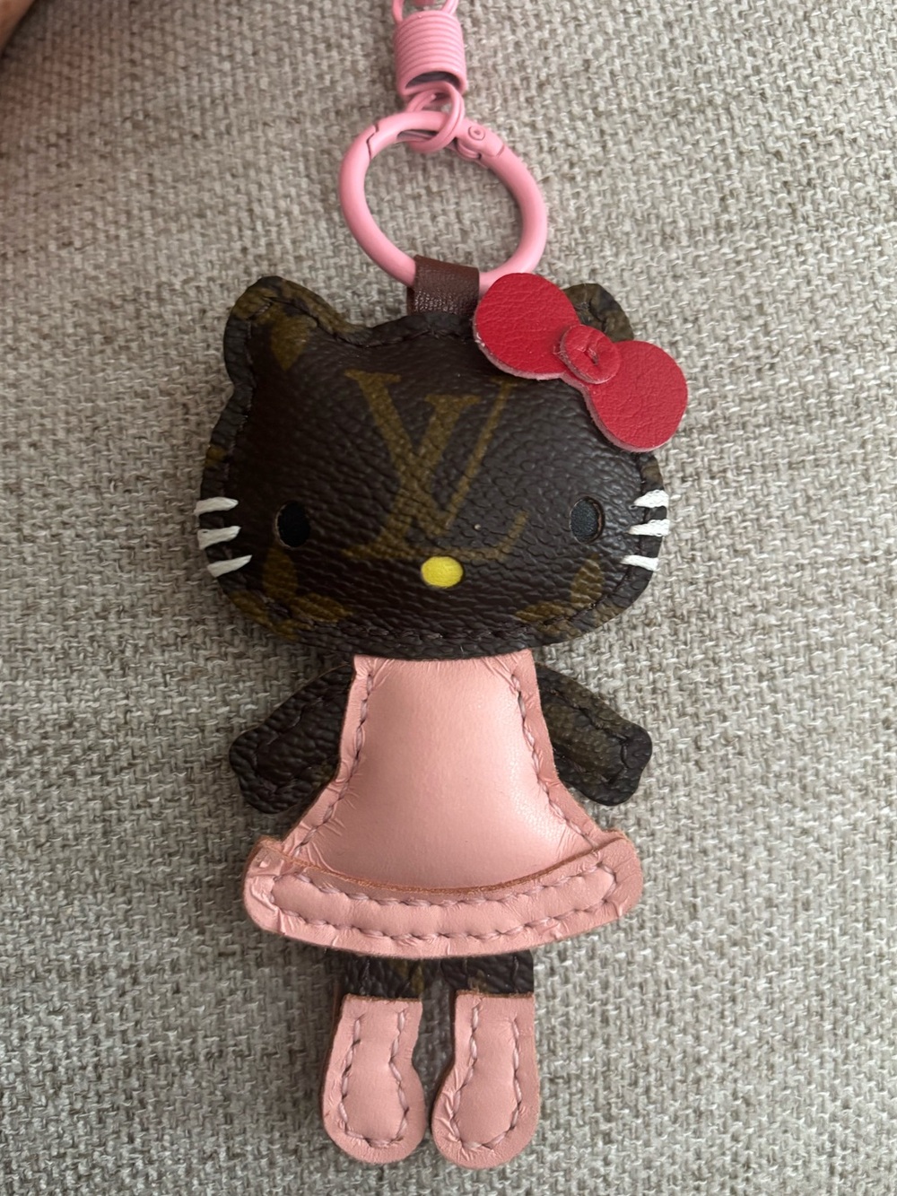Upcycle designer Brown Monogram Kitty Bag Charm with Pink Dress